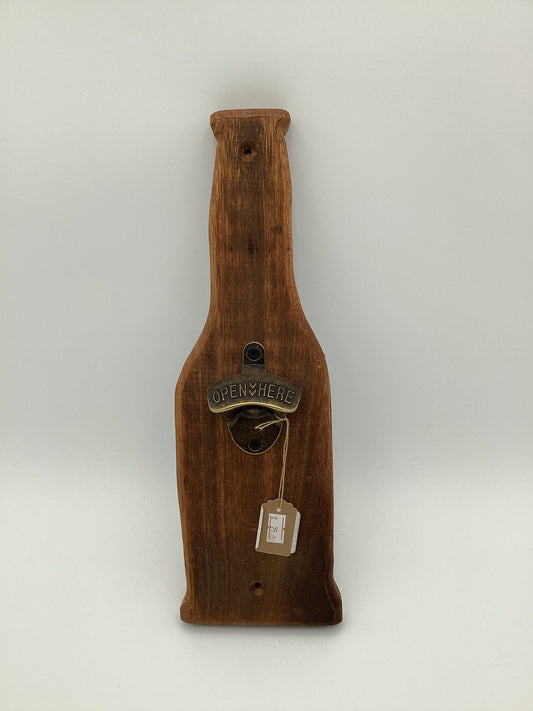 Wood bottle shaped bottle opener.